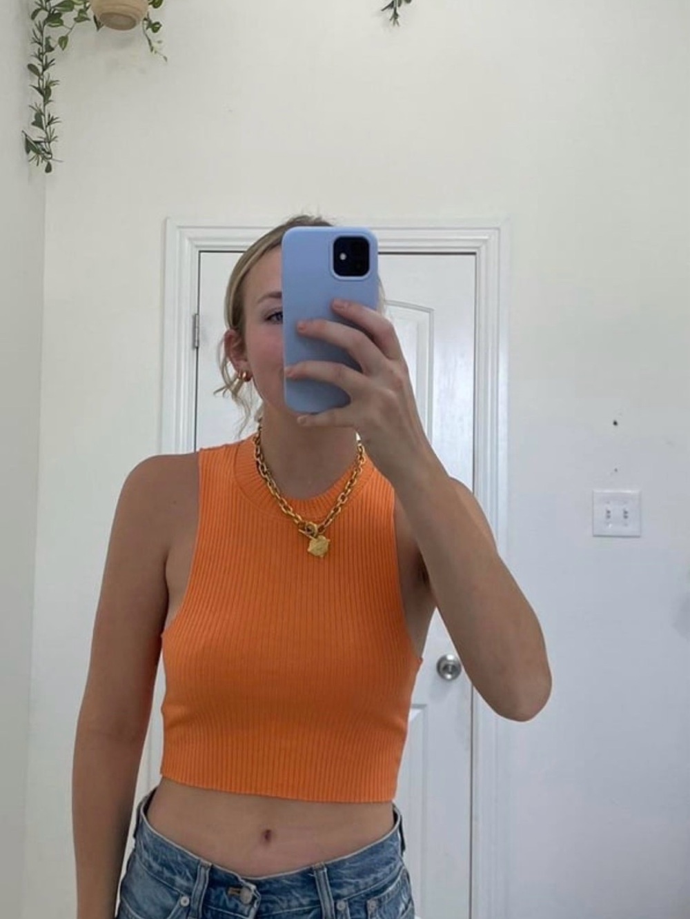 aerie Orange Ribbed High-Neck Cropped Tank